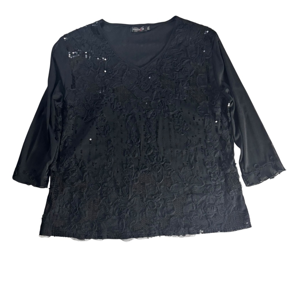 Modelia Blouse Women XXL Black Sequin Lace V-Neck Evening Party‎ Glam Whimsigoth